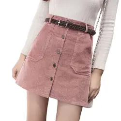 Весна Harajuku Офисная женская школьная короткая юбка джинсовая стиль Кнопка А-силуэт Вельветовая Высокая талия карман мини-юбка