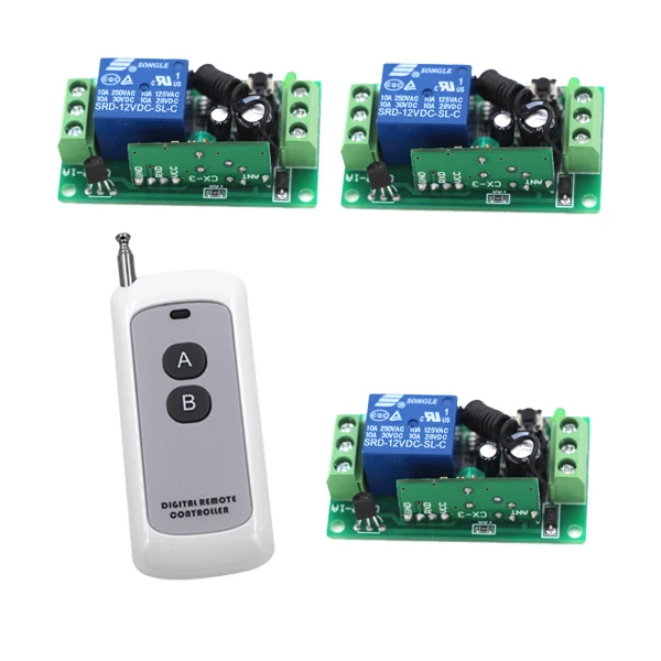

DC 12V 10A wireless Remote Control switch 2 channel Transmitter and 3PCS 1 channel Receiver with case SKU: 5362