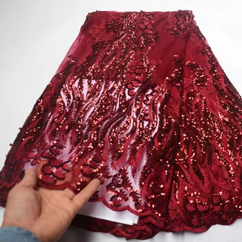 

Wine red Net Mesh with sequin lace fabric Nigerian French Lace Fabric 2019 High Quality Tulle Lace dresses for party F4-2254