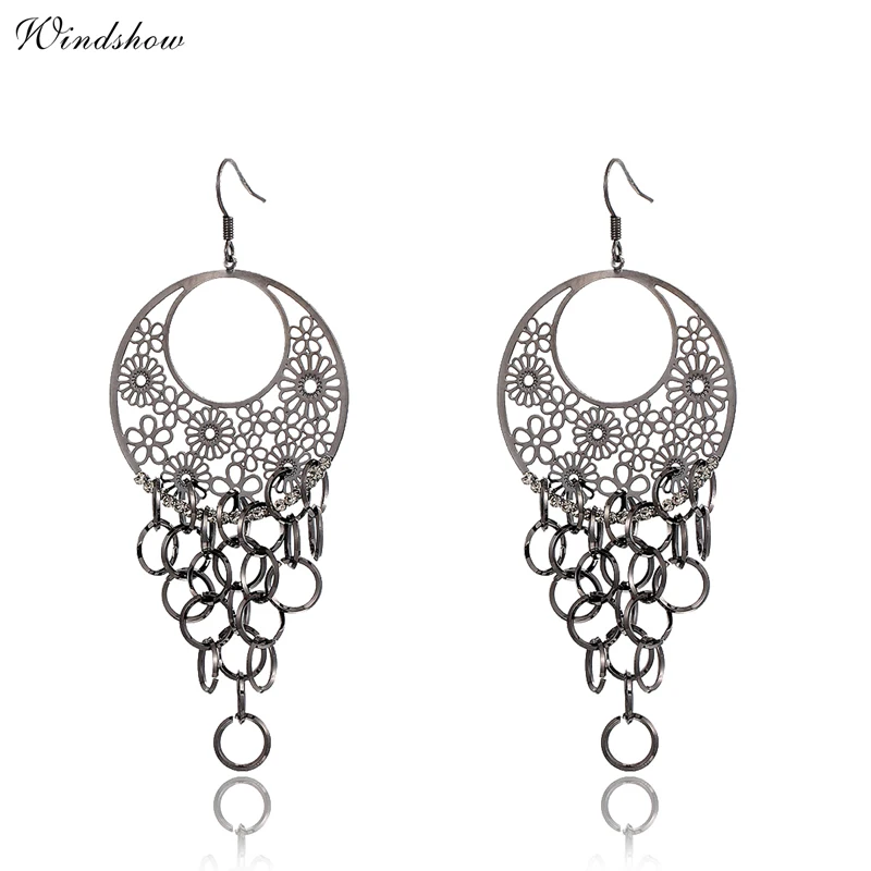 

Fashion Alloy Cut Out Filigree Flower Hoop with Multi Circls Charms Chandelier Dangle Drop Earrings For Wowmen Gitls Jewelry