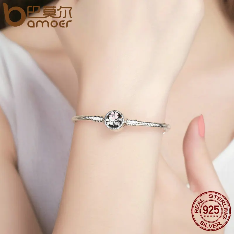 Tanie BAMOER autentyczne 925 Sterling Silver poetyckie Daisy Cherry Blossom mieszane emalie i wyczyść CZ wąż łańcuch bransoletka biżuteria PAS919