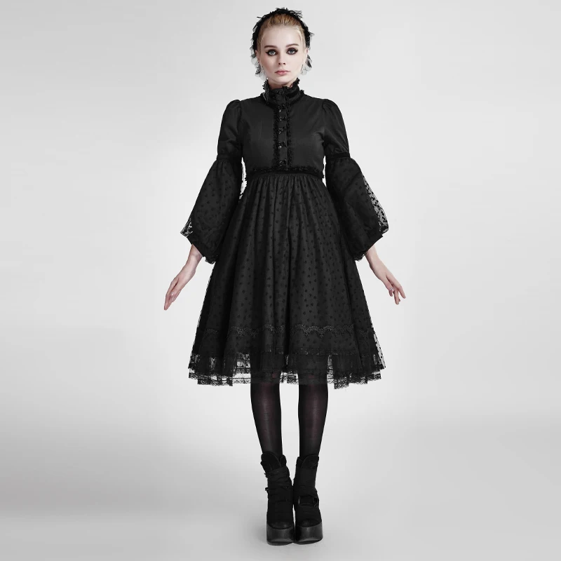 

Gothic Black Puff Sleeves Lolita Dress Punk Stand Collar Multiple Lace Long Dress Girls Lovely Dress with Bow Decorated