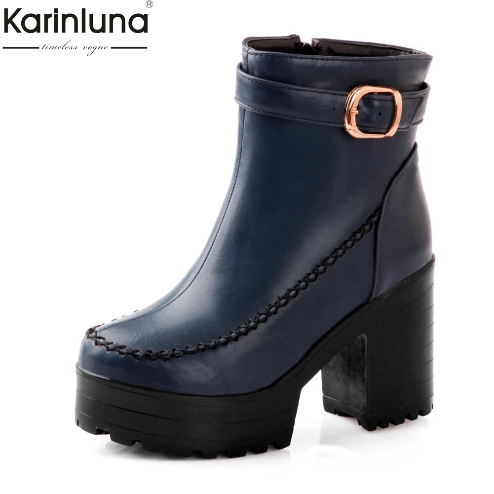 

Karinluna New Arrivals Dropship Large Size 34-43 Zip Up Thick Heels Ankle Boots Women Shoes Platform Black Shoes Woman Boots