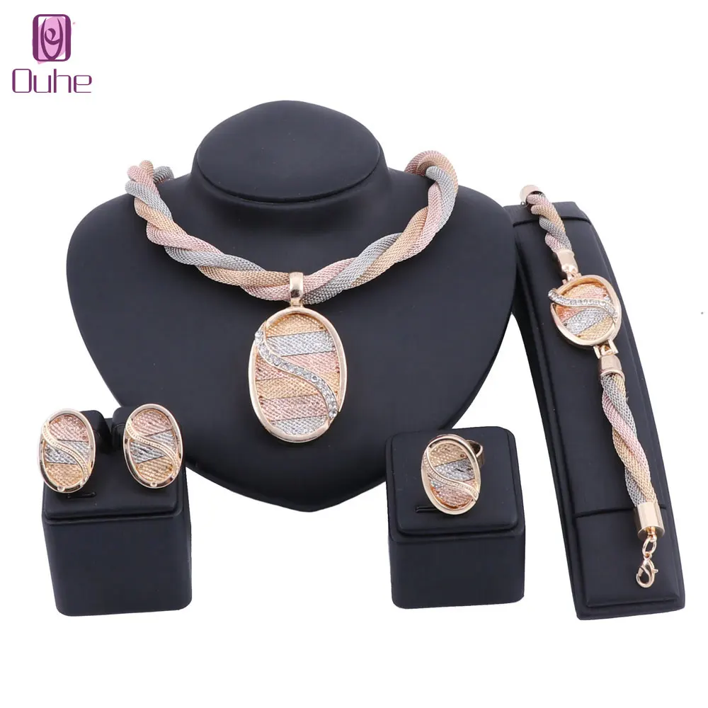 

Exquisite Dubai Gold Crystal 3 Colors Chain Jewelry Set Luxury Nigerian Woman Wedding Fashion African Beads Jewelry Set