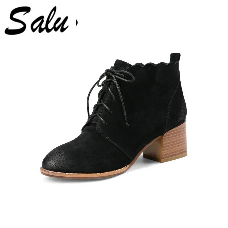 

Salu 2018 new style genuine leather ankle boots pointed toe thick heel chelsea boots calf leather women boots ladies shoes