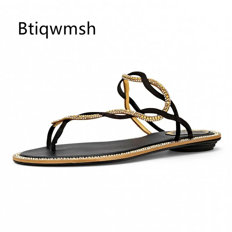 2019 Snake Shape Rhinestone Slippers Woman Flip Flops Crystal Diamond Flats Beach Slippers Woman Gladiator Sandals