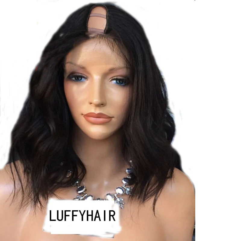 

LUFFYHAIR Short Wavy U Part Wig 1x4 Middle Opening For Women 180 Density Brazilian Remy Human Hair U Part Wig With Straps &Combs