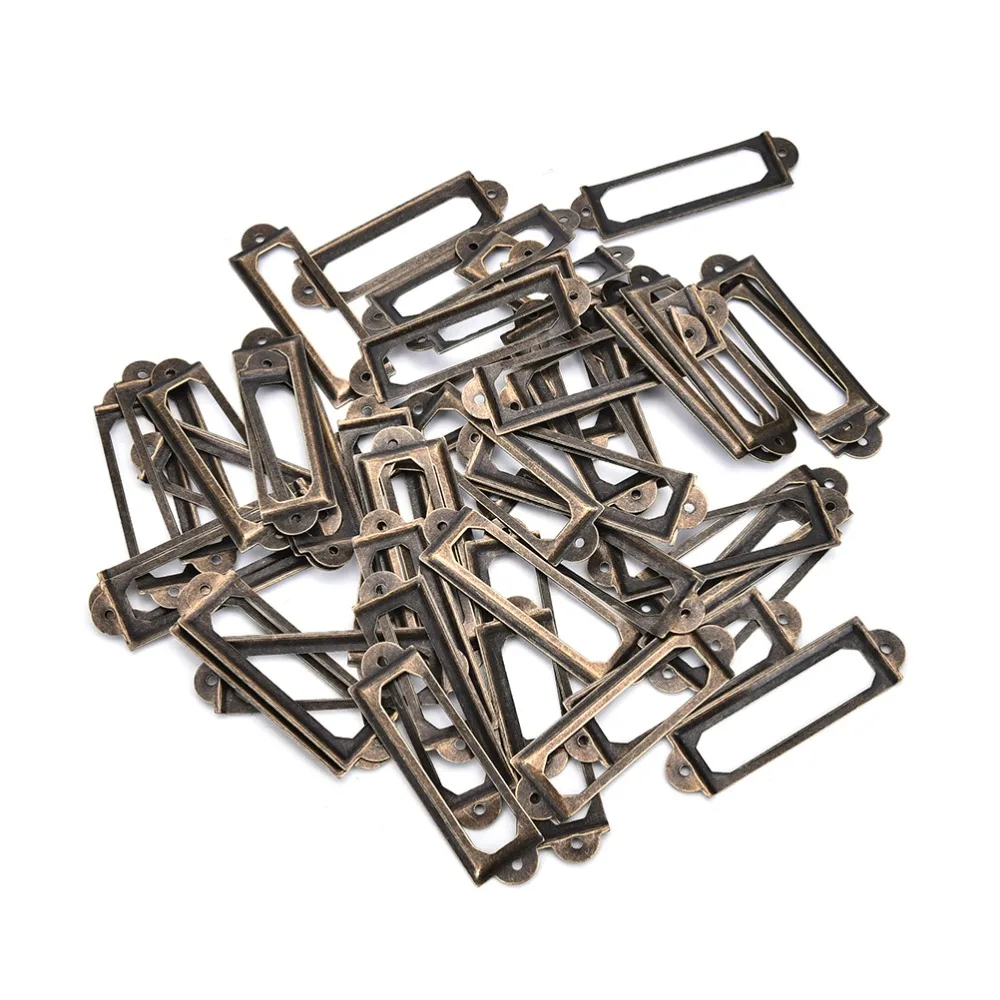 50Pcs/lot Metal Label Antique Brass Pull Frame Handle File Name Card Holder For Furniture Cabinet Drawer Box Case Bin with screw