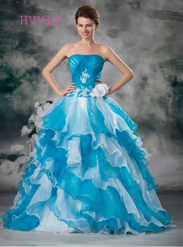 

Blue 2019 Quinceanera Dresses Ball Gown Strapless Floor Length Organza Tiered Appliques Lace Flowers Cheap Sweet 16 Dresses