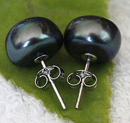 

ry00595 Genuine Cultured Freshwater 11-12mm Black Pearl Stud Earrings Silver new