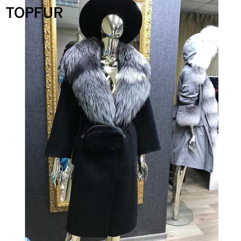 Black Women Real Fur Coat Luxury Woolen Skin Wool Leather Warm Coat With Thick Silver Fox Fur Collar Cashmere Plus Size Casual