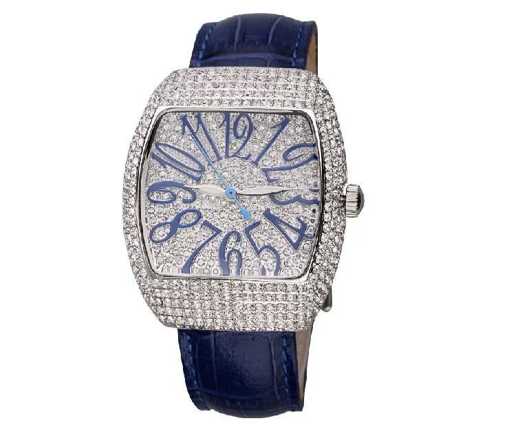 Винтажные женские часы Tonneau с кристаллами под платье, большие размеры, модные кожаные повседневные наручные часы для девушек, кварцевые часы Relogio Montre femme - Цвет: Blue Silver