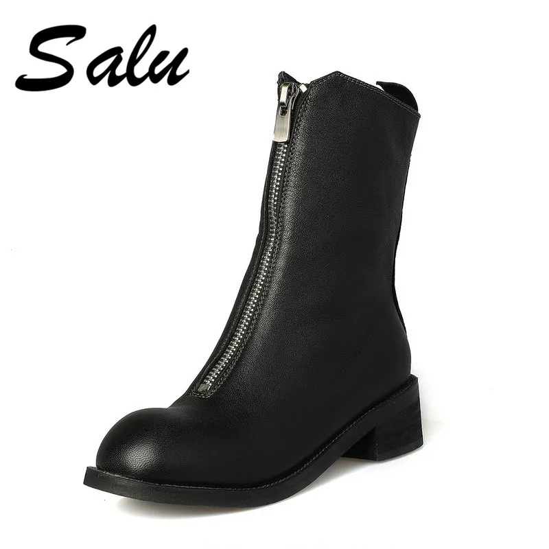 

Salu Luxury Women Boots Genuine Leather Mid-Calf Shoes Platform Thick Heels Round Toe Boots Female Fashion Zipper Ladies Shoes