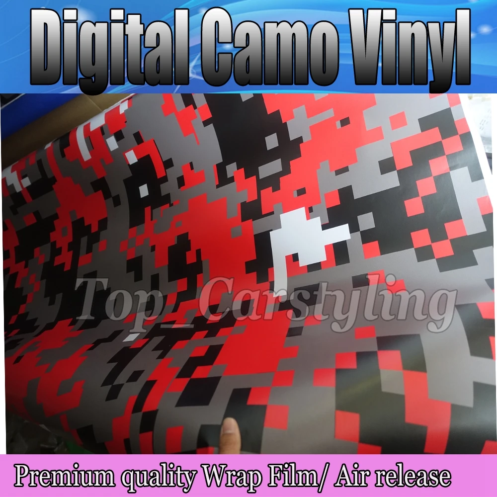 1.52x10m/roll Digital Camo Car Vinyl Wrap Red Black White Urban Sticker