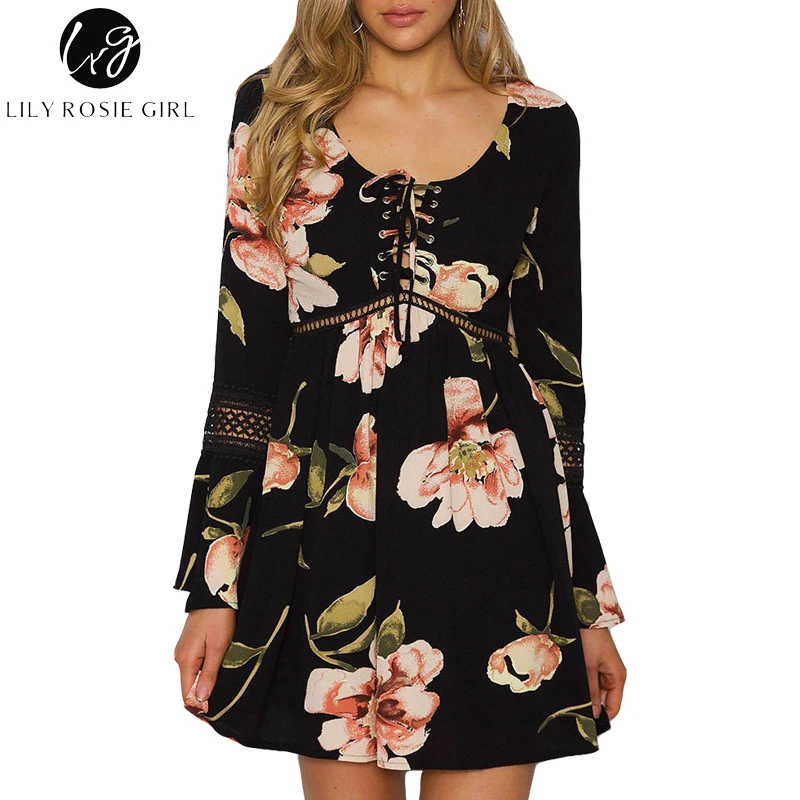 

Conmoto Hollow Out Lace Up Women Dress 2019 Summer Boho Floral Print Mini Dresses Long Flare Sleeve Short Casual Vestido