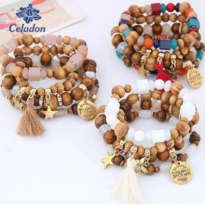 

Ethnic Style Star Butterfly Temperament Multi layer Wood Beads Four Colors to Choose with Round Alloy Pendant Bracelets