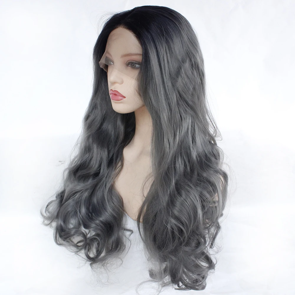 Body Wave Black Roots Ombre Dark Grey Synthetic Lace Front Wigs High Temperature Fiber Cosplay Daily Natural Wigs For Women Body Wave Black Roots Ombre Dark Grey Synthetic Lace Front Wigs High Temperature Fiber Cosplay Daily Natural Wigs For Women