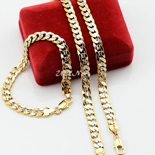 7mm Fashion Men's Women Cut Chains White Yellow Gold Color Curb Set Jewelry Bracelets Necklace | Украшения и аксессуары