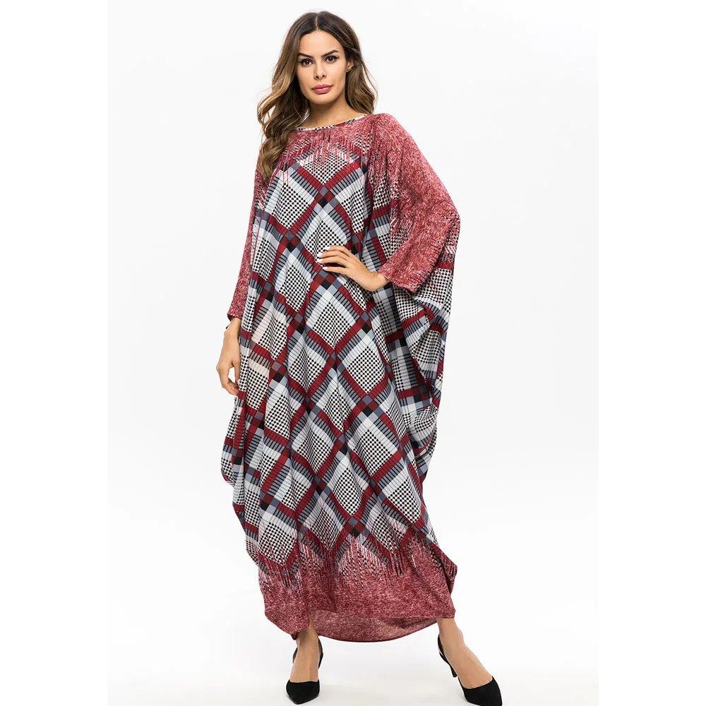 

Ramadan Muslim Women Abaya Plaid Bat-wing Sleeve Robe Islam Dubai Clothing Arab Moroccan Kaftan Plus Size Caftan 7481