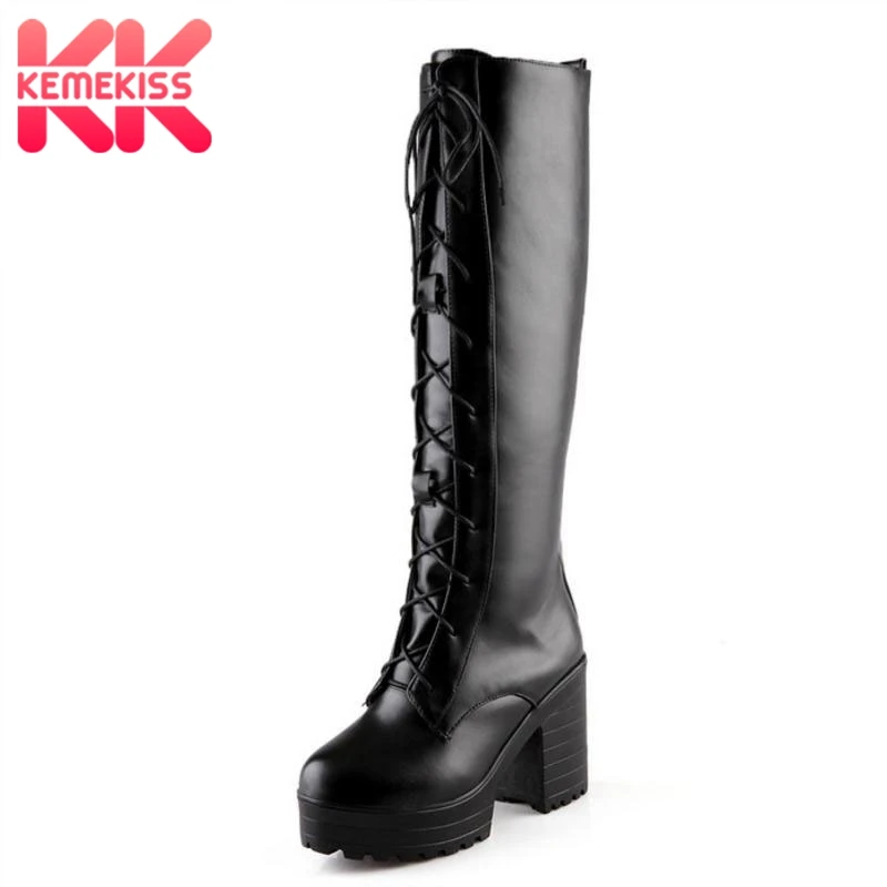 

KemeKiss Fashion Women High Heels Boots Lace Up Platform Warm Shoes Women Winter Fur Knee Boots Sexy Ladies Shoes Size 33-43