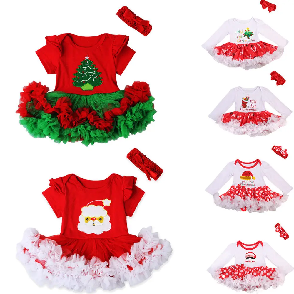 Детское рождественское платье в горошек с оборками, милое платье для новорожденных девочек, повязка на голову, праздничный костюм
