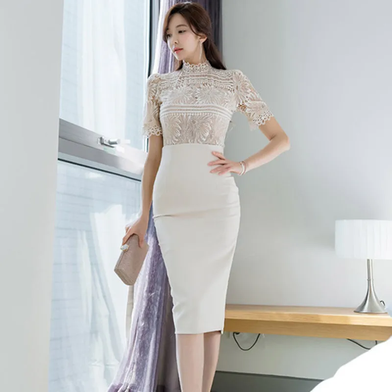 

2019 Summer Vintage Lace Blouse Crop Top + High Waist Sheath Pencil Bodycon Skirt Women 2-piece Suit OL Work Wear Set