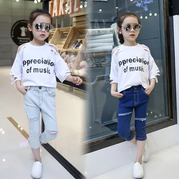 

2018 Baby Girls Summer Pants Children Calf-length Denim Trousers Kids Hole Fashion Denim Pants Girl Fashion Pants, #9012
