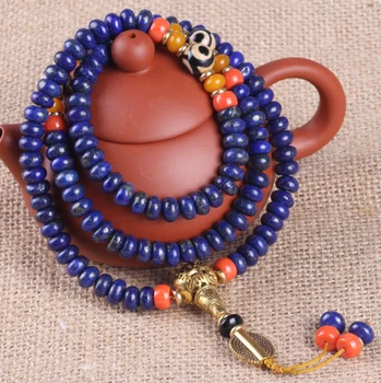 

Tibetan Buddhist 108 Beads Natural 6A Lapis Lazuli Stone Blue Folk Transfer Luck Crystal Prayer Bracelet Female Male Jewelry