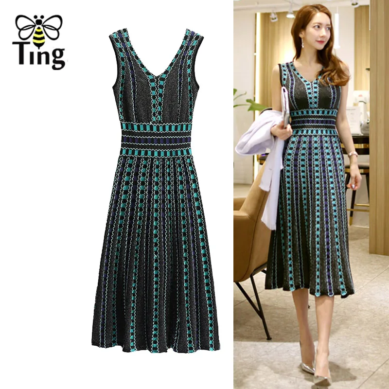 

Tingfly Elegant Lady Knitting Summer Midi Dress Over Geometric Pattern V neck High Waist Knitted Summer Dress Casual Party Dress