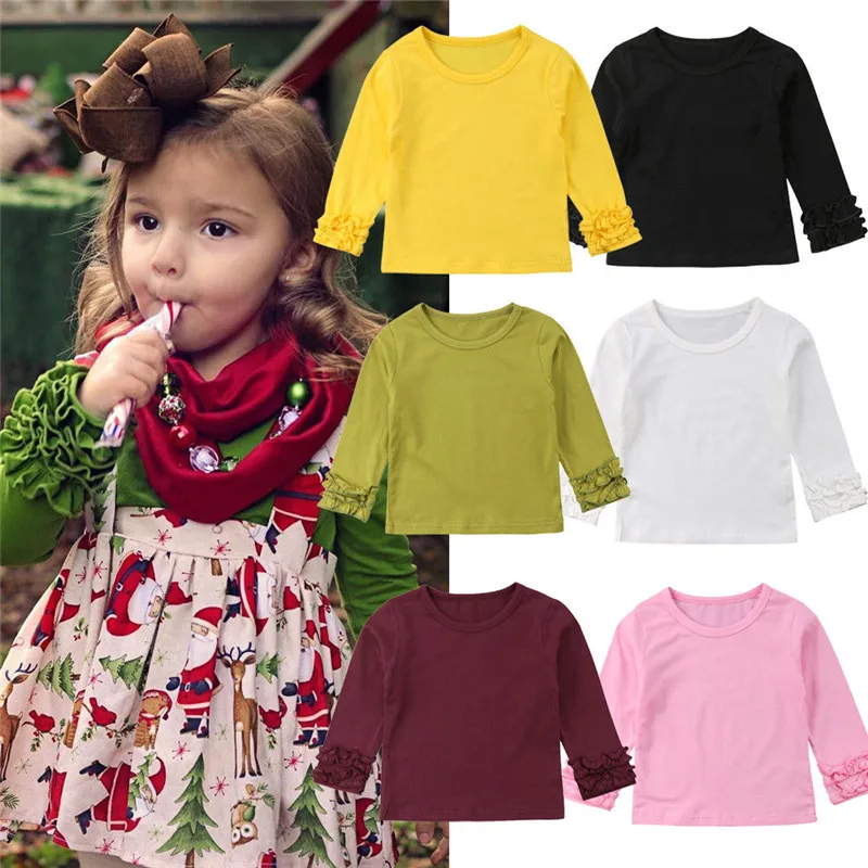 Детская Однотонная футболка для маленьких девочек; сезон осень-весна; топы с длинными кружевными рукавами и цветочным принтом; Милая футболка в полоску