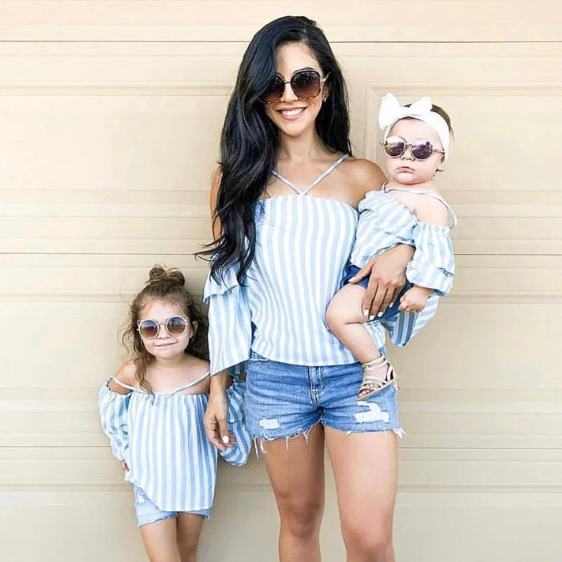 

Mommy And Daughter Matching Clothes Striped T-shirts Summer Tops Off-shoulder T Shirt Mother And Daughter Clothes Family Look
