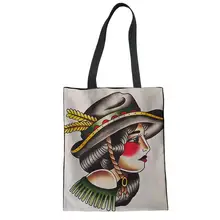 Новые холщовые сумки многоразового использования для покупок ковбойская Татуировка печать струнная сумка для хранения сумки женская сумка для покупок большая сумка на плечо