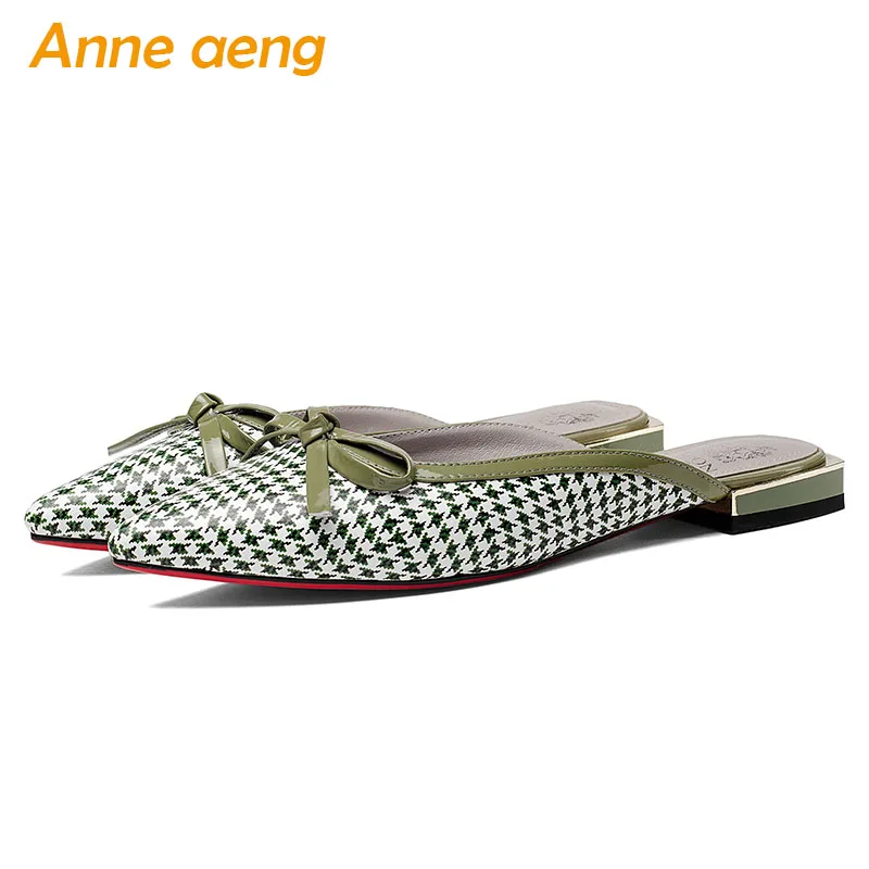 

2019 New Summer Genuine Leather Outside Women Slippers Low Heel Gingham Butterfly-Knot Sweet Women Shoes Green Mules Slides
