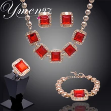 YMENGZ Brand Trendy 3 Colors Square Pendant Jewelry Stes Gold Plated Crystal Necklace Earrings Bracelet Rings For Women