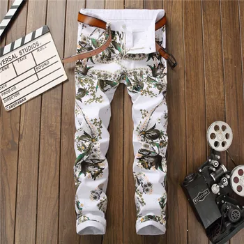 

New Fashion Brand White Printed Men Jeans Male Cotton Jeans For Man Men's Casual Phoenix Printing Pants Hombre