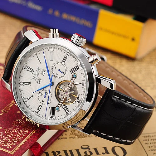 JARAGAR Complete Calendar Male Watches Leather Strap Erkek Saati Mechanical Wristwatch Man Reloj Hombre