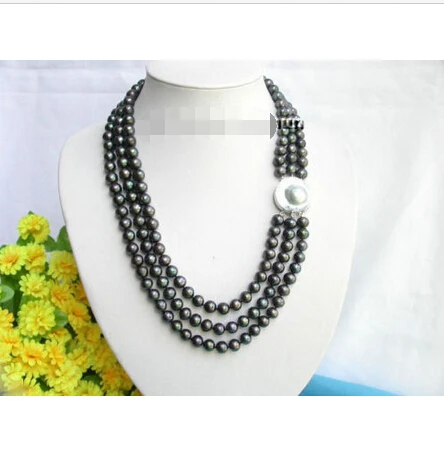 

FREE SHIPPING>>>@ 10mm 3row black pearls necklace blister pearl 925ss clasp^^^@^Noble style Natural Fine jewe hot new