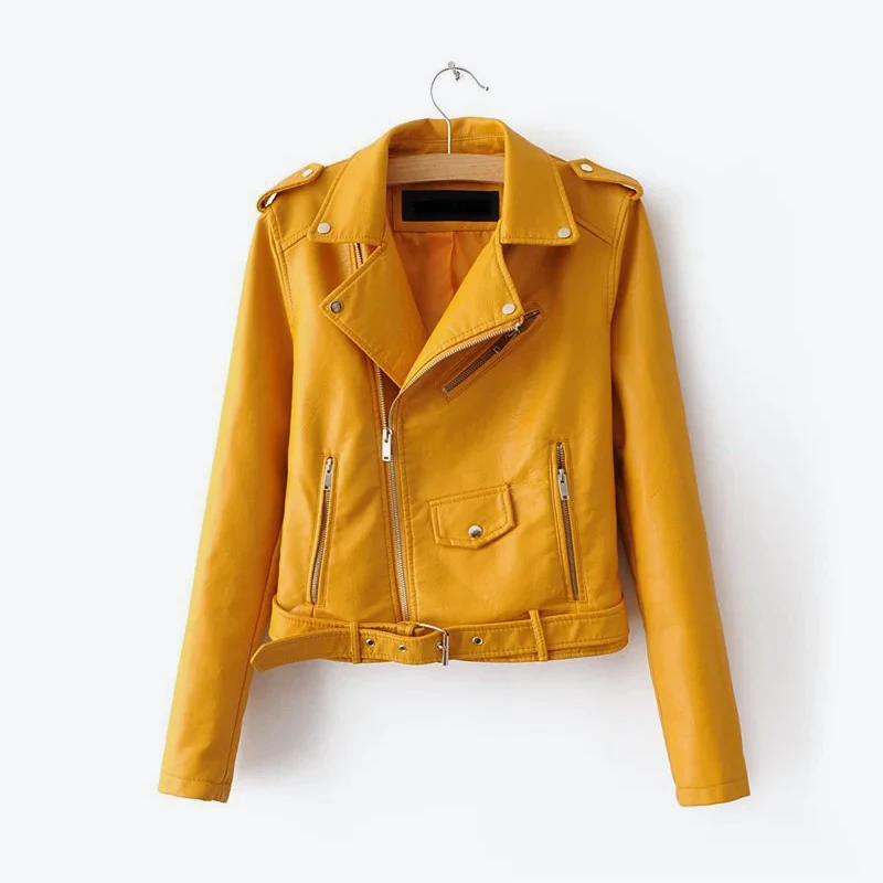 MCCKLE женские пояса из искусственной кожи молнии Короткая куртка осень отложной воротник Женское пальто Женская мотоциклетная верхняя одежда пальто - Цвет: yellow