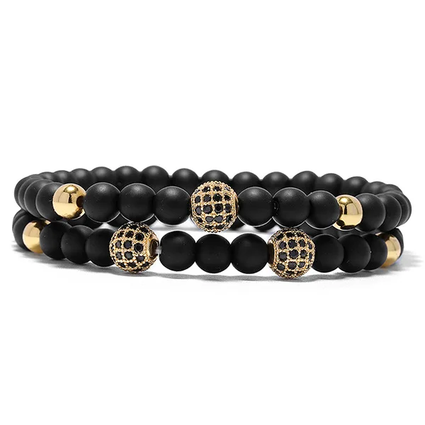 

Micro-inlaid Zircon 6mm Bead Set Bracelets Black Sandstone Men And Women Fashion Gold Silver Copper Beads Bracelet For Man Male