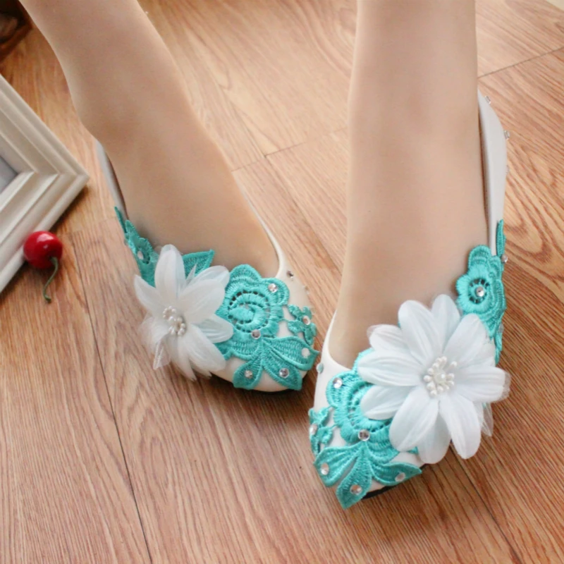 ФОТО Women Pumps blue Wedding Shoes med Heel three-dimensional flower bride Bridesmaid Shoes 3cm/5cm/8cm Heel large size 41-42 sweet