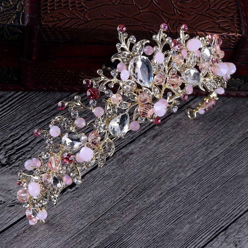 Свадебные украшения для волос в стиле барокко ручной работы из бисера, роскошная розовая Хрустальная тиара, Корона сладкой принцессы, свадебные аксессуары для волос