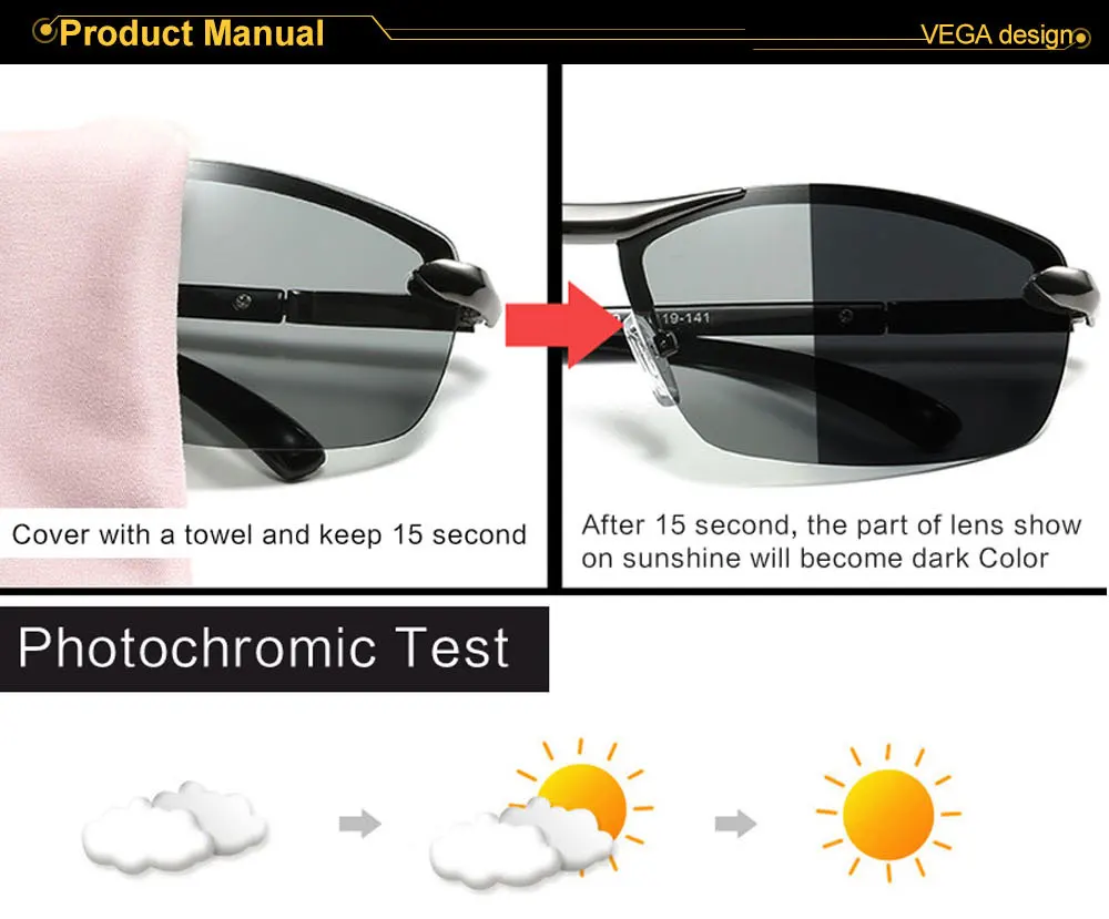 VEGA Polaroid Photochromic Sunglasses for Driving Cycling Men Women Photochromic polarized Glasses Square Anti-glare Lenses 230 (7)