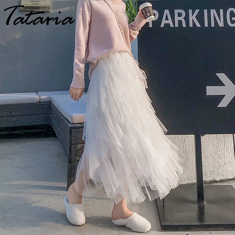 Юбки миди, розовые, белые, женские летние юбки,, длина по щиколотку, сетчатая элегантная юбка с высокой талией, Корейская школьная юбка
