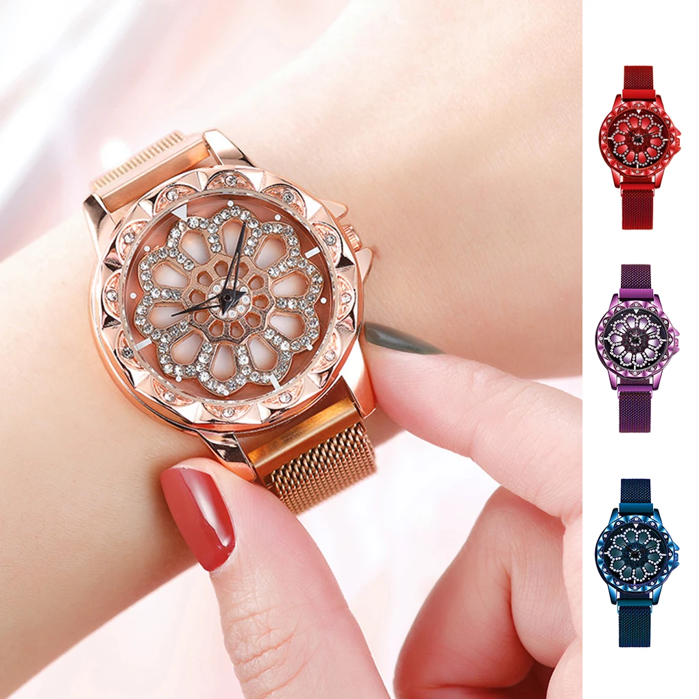 

Fashion Women Watch Waterproof Hollow Flower Analogue Quartz Rhinestone Magnet Wristwatch with Mesh Strap