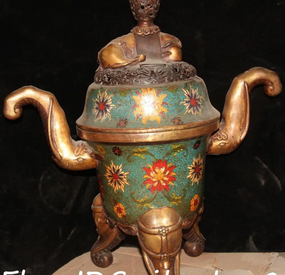 

16" Old Dynasty Cloisonne Gold Gild Elephant Zun Incense Burner Censer Incensory