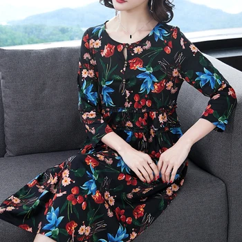 

2019 New Spring Summer Fashion Womens Female Loose 3/4 Sleeve Colored Floral Pattern Dress , Fall Printed Long Dresses For Woman