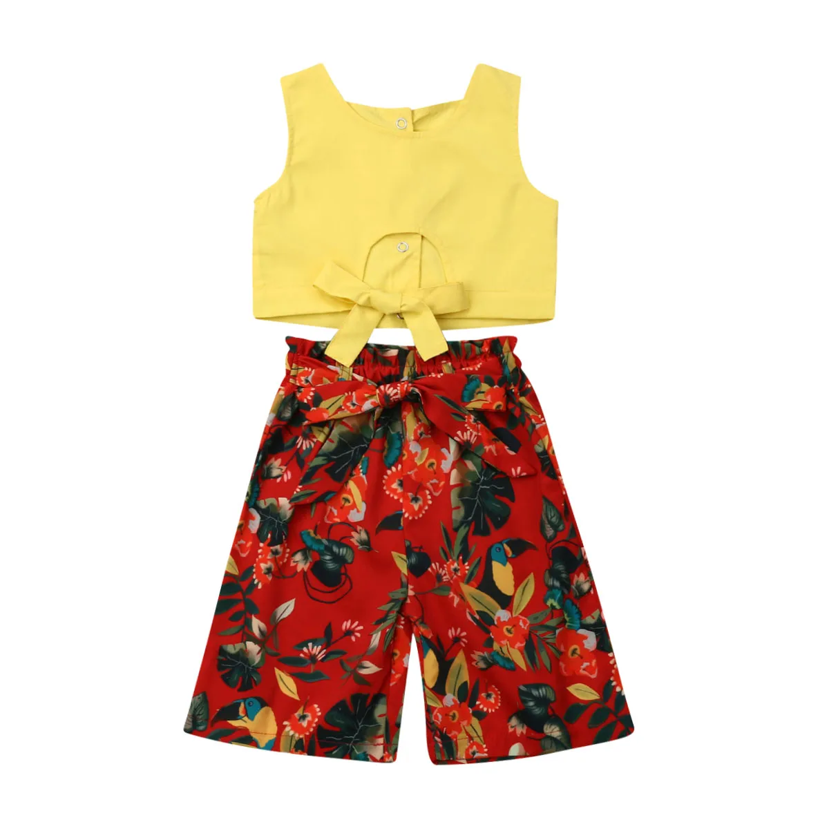 

2019 Summer Toddler Girls Yellow Vest Crop Tops Floral Pants Outfits Baby Kids Clothing Set Children Clothes