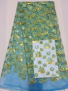 

Gold Sequins African lace fabric 2018 High Quality tulle French lace fabric For Nigerian Sky Blue 3 d embroidered Wedding Dress