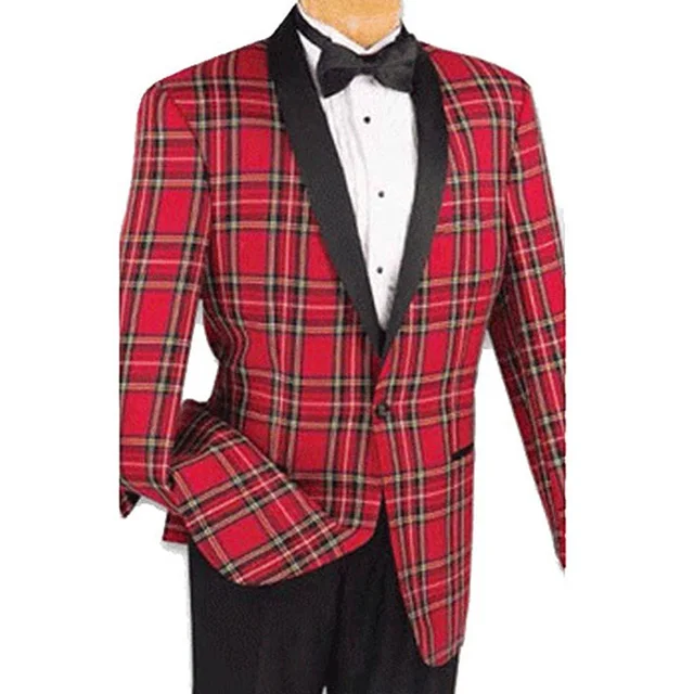 Buy Red Plaid Jacket Men Suits Black Shawl Lapel Two