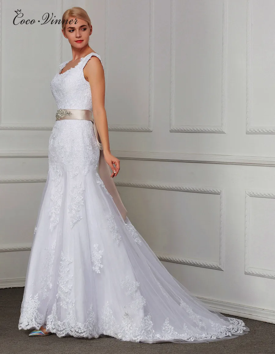 Свадебные платья русалки с двойным плечом и коротким рукавом в винтажном стиле с поясом и кружевной аппликацией на заказ, большие размеры, свадебные платья W0070